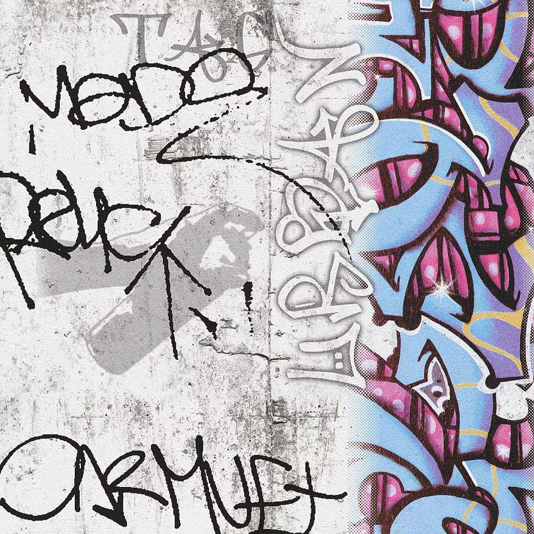Graffiti mintás gyerektapéta szürke alapon kék graffiti mintával