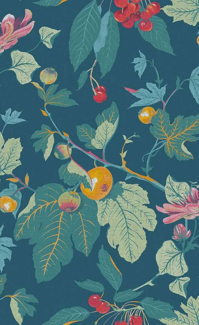 Graham dekor tapéta cseresznye és gránátalma mintával kékeszöld és piros színben