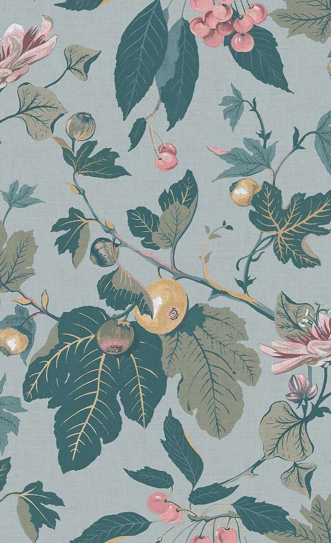 Graham dekor tapéta cseresznye és gránátalma mintával zöld, rózsaszín és kék színben