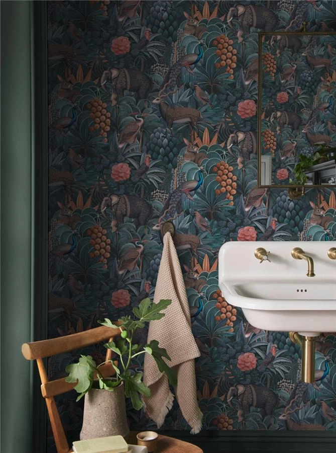 Graham dekor tapéta dzsungel mintával állatokkal matrózkék és narancs színben