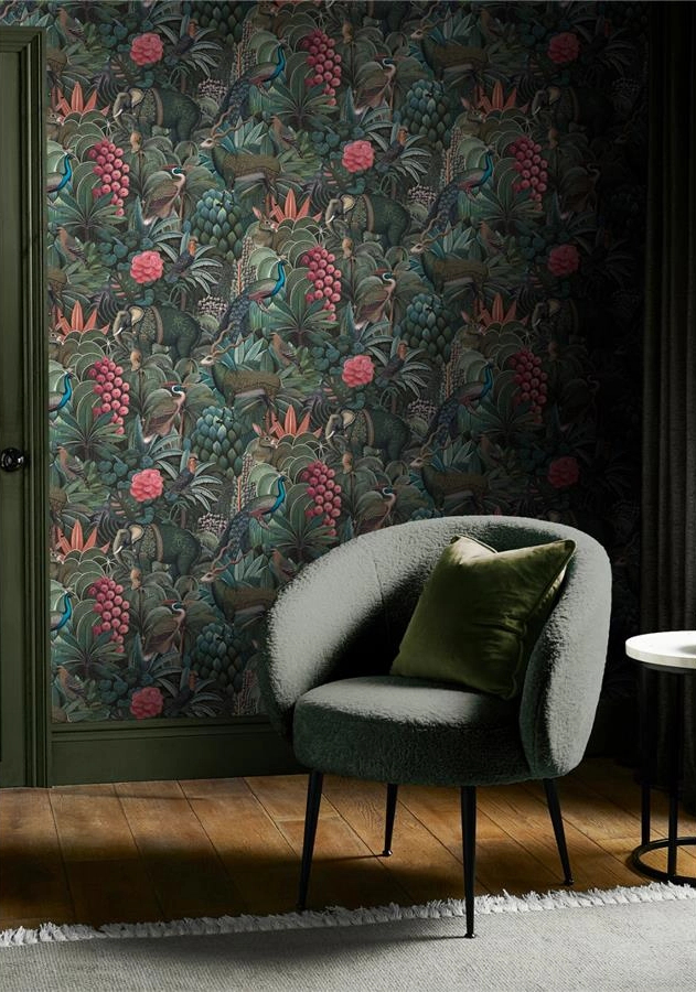 Graham dekor tapéta dzsungel mintával állatokkal zöld és piros színben