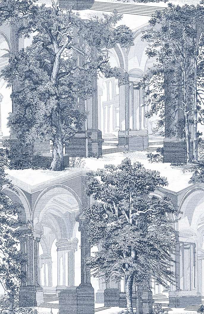 Graham dekor tapéta fa és épület mintával indigokék és fehér színben