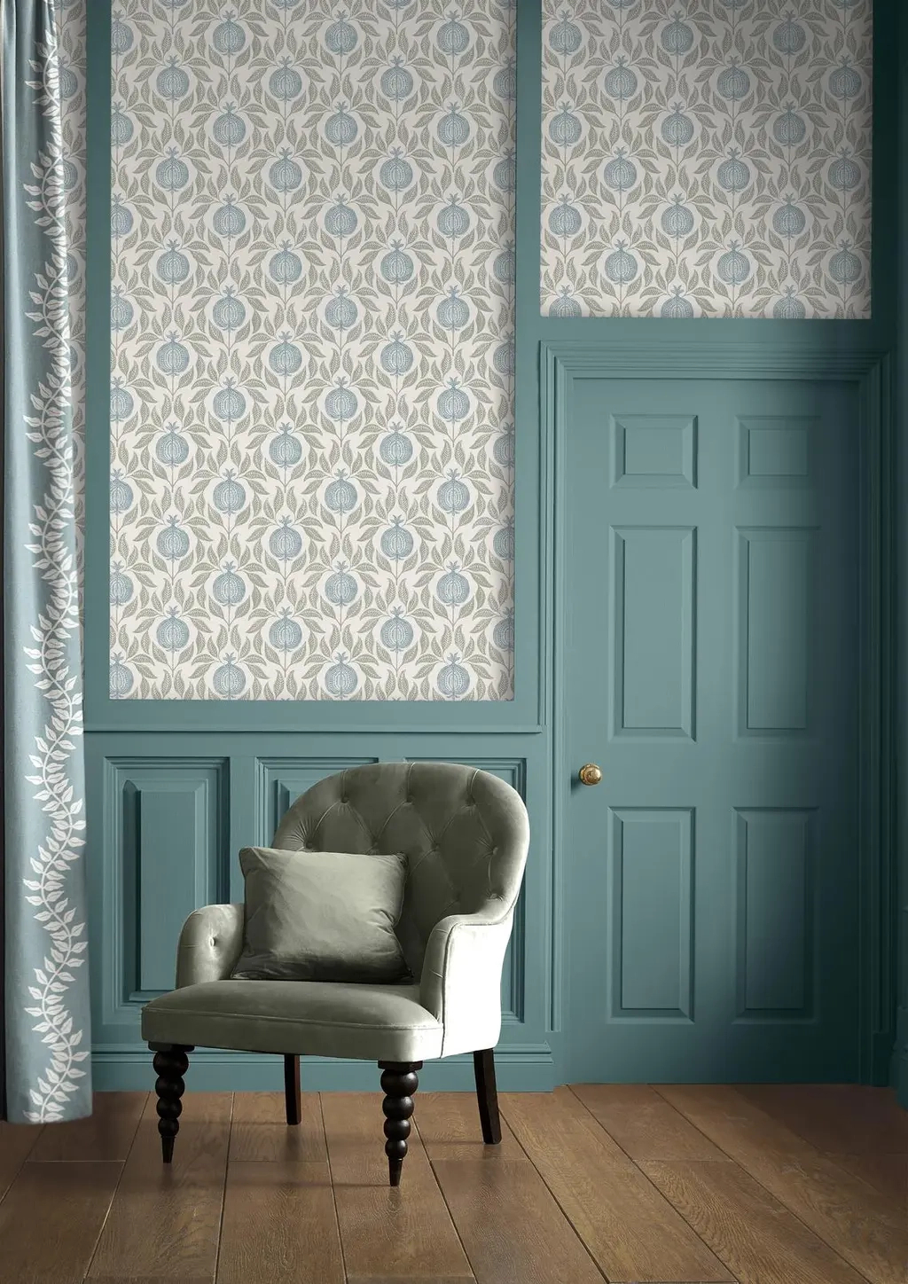 Graham dekor tapéta gránátalma mintával pasztel zöld és kék színben