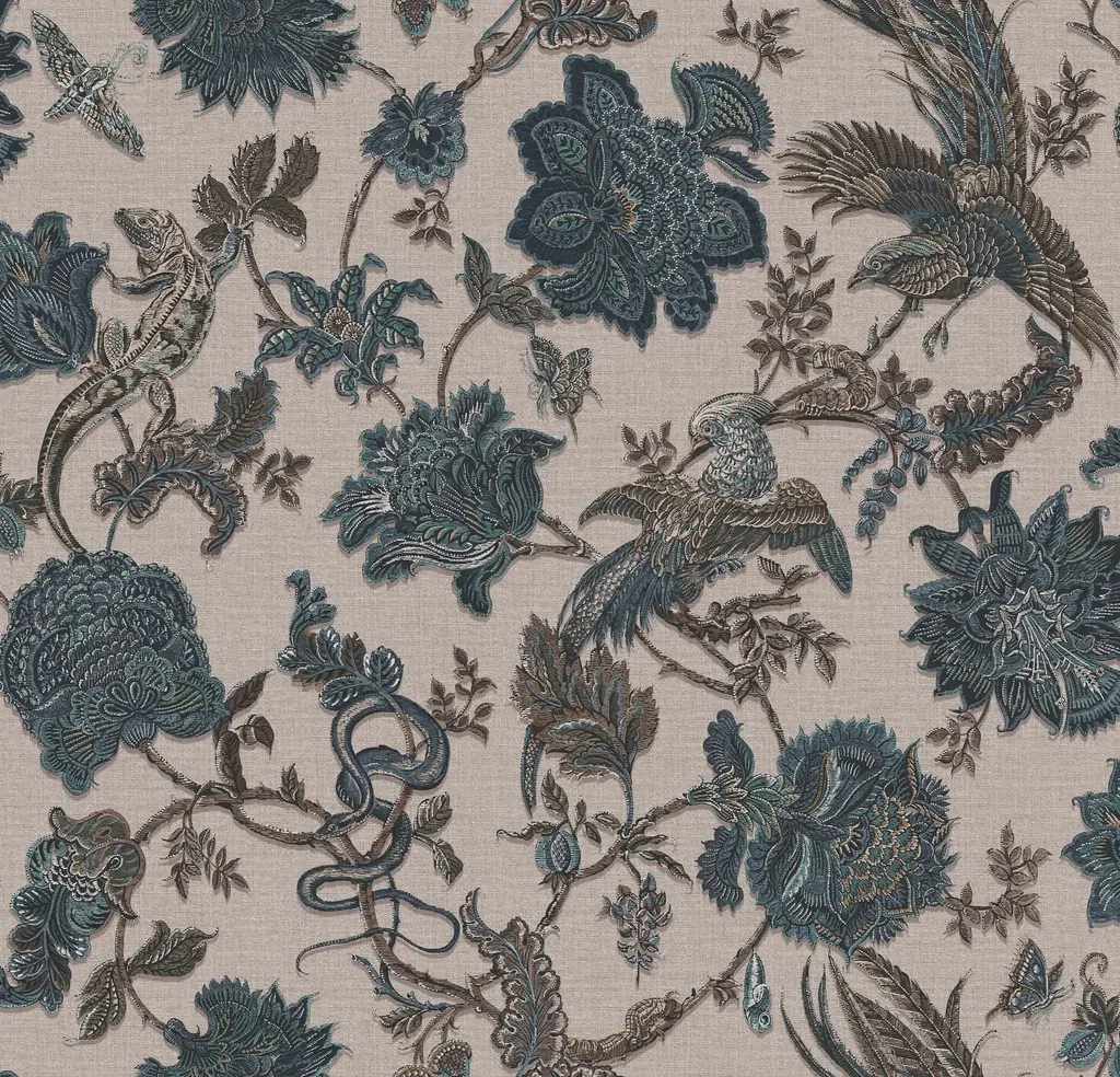 Graham dekor tapéta madár mintával len és kék színben 2 x 52cm szett