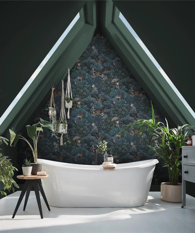 Graham dekor tapéta trópusi erdő állatokkal mintával matrózkék színben