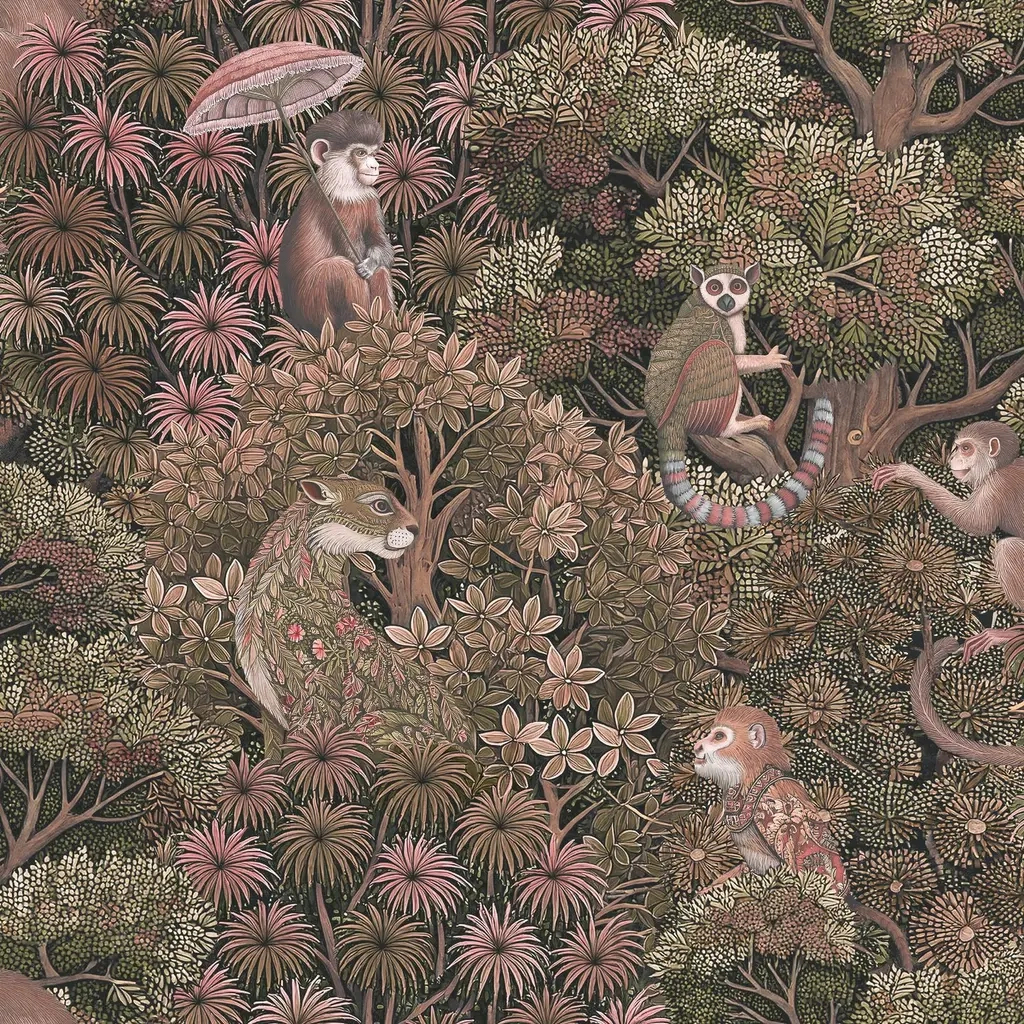 Graham dekor tapéta trópusi erdő állatokkal mintával rózsaszín színben