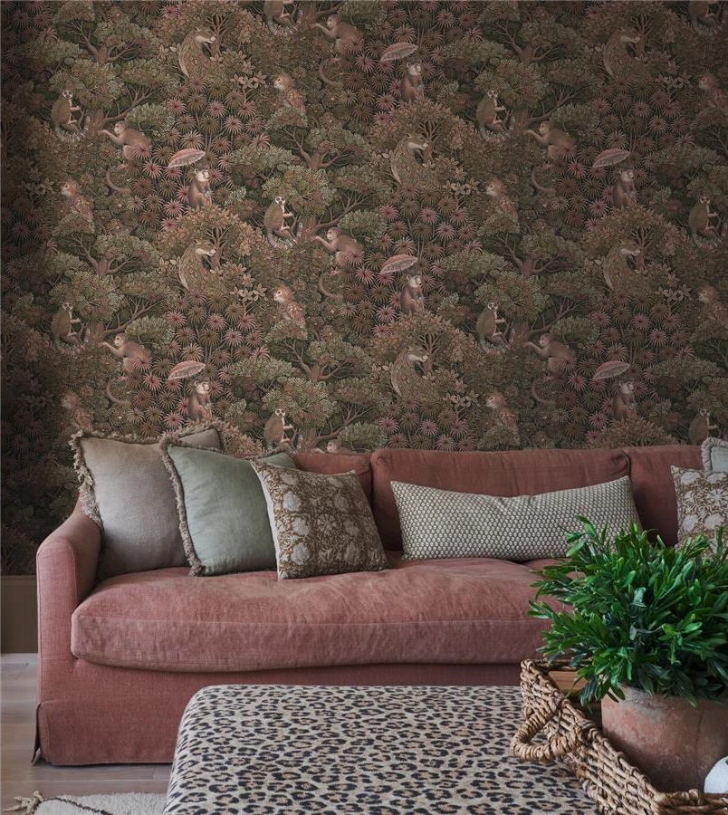 Graham dekor tapéta trópusi erdő állatokkal mintával rózsaszín színben