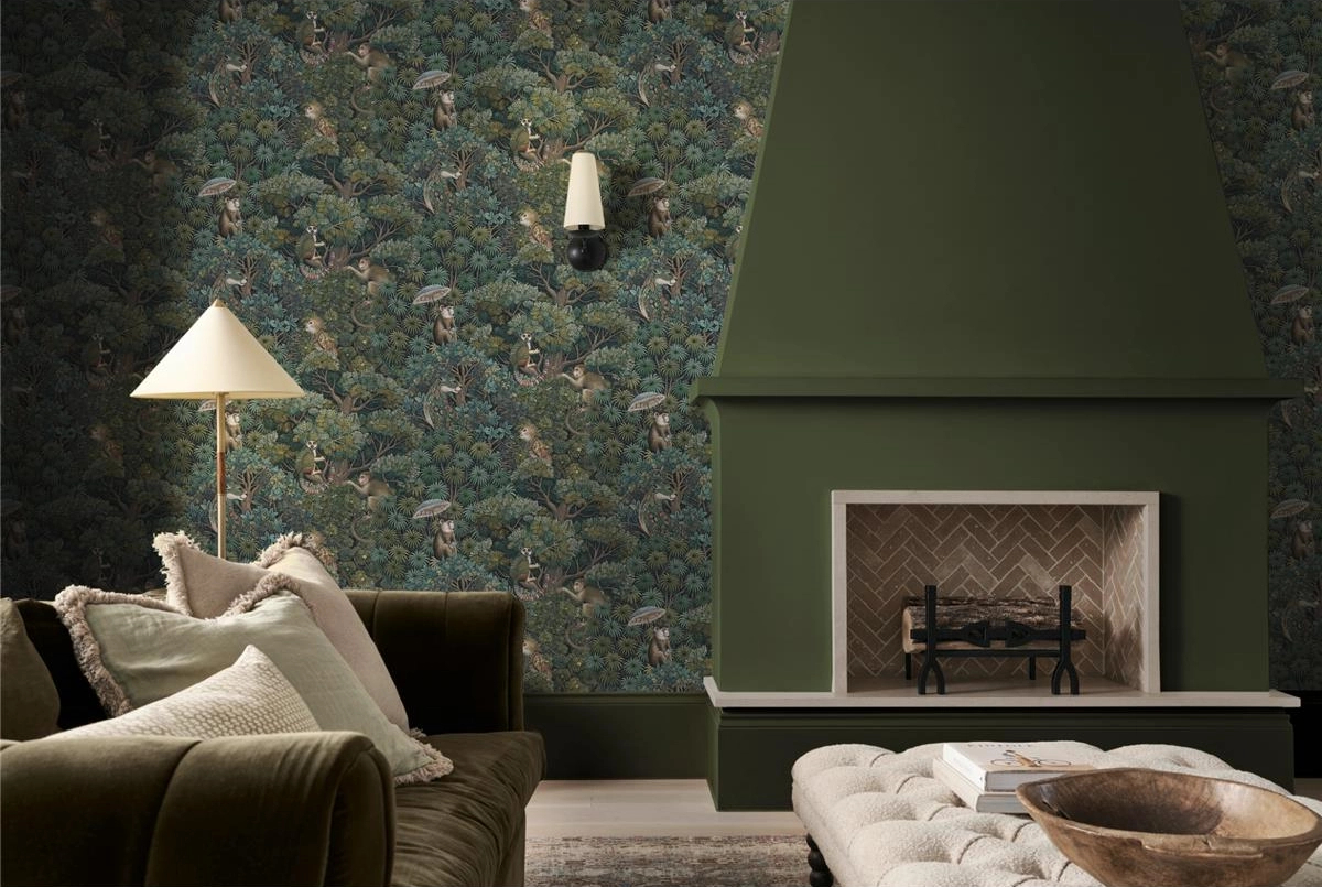 Graham dekor tapéta trópusi erdő állatokkal mintával sötétzöld színben