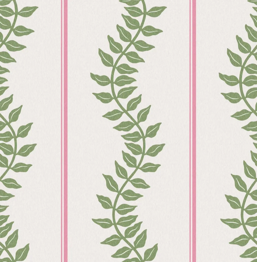 Graham dekor tapéta zöld inda rózsaszín csíkos mintával krém színben