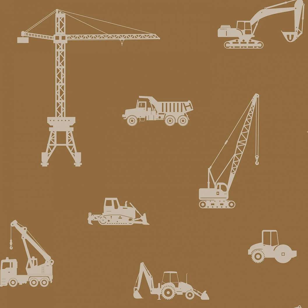 Gyerek dekor tapéta daru és teherautó mintás okker színben