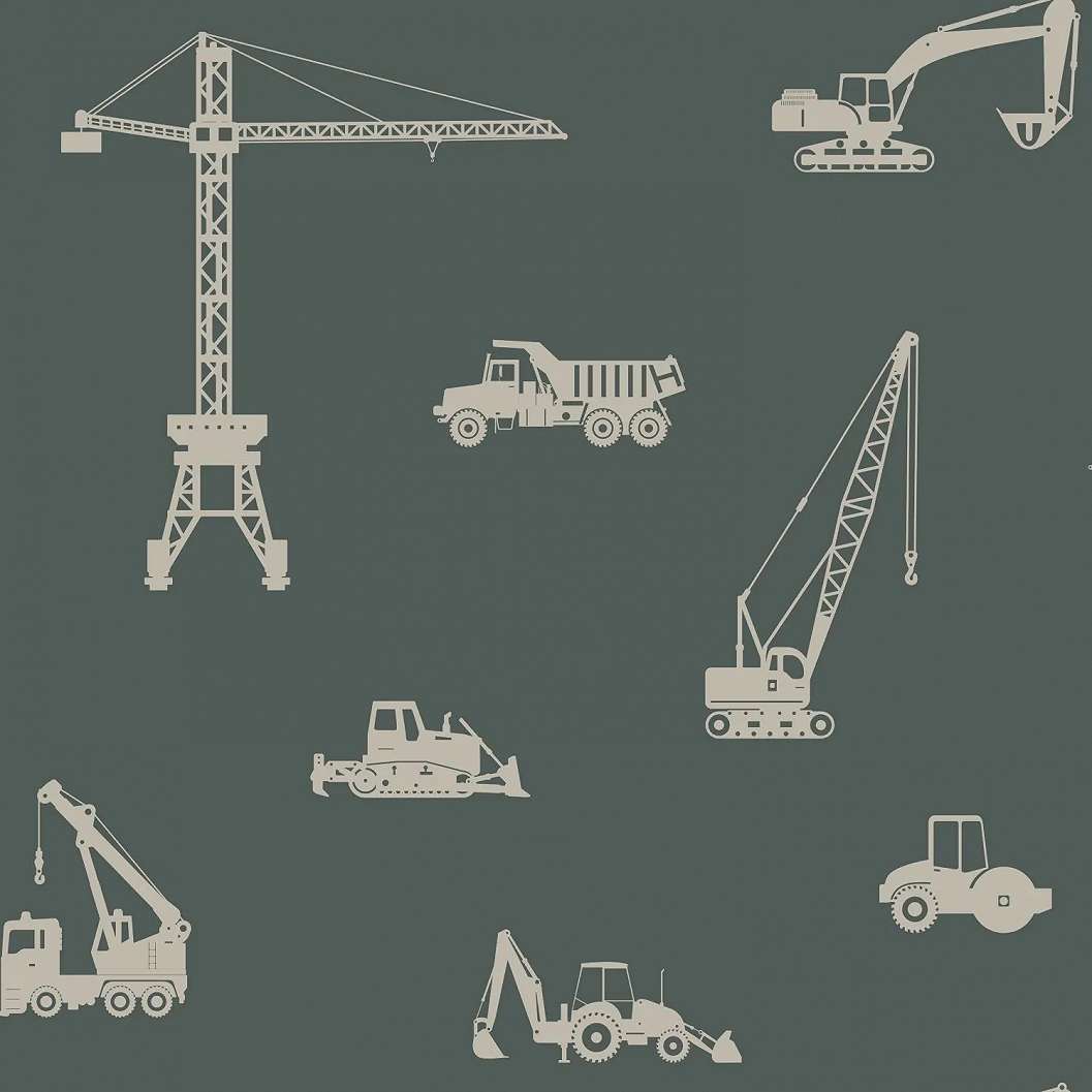 Gyerek dekor tapéta daru és teherautó mintás sötétzöld színben