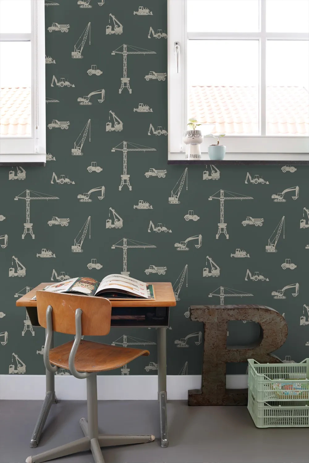 Gyerek dekor tapéta daru és teherautó mintás sötétzöld színben