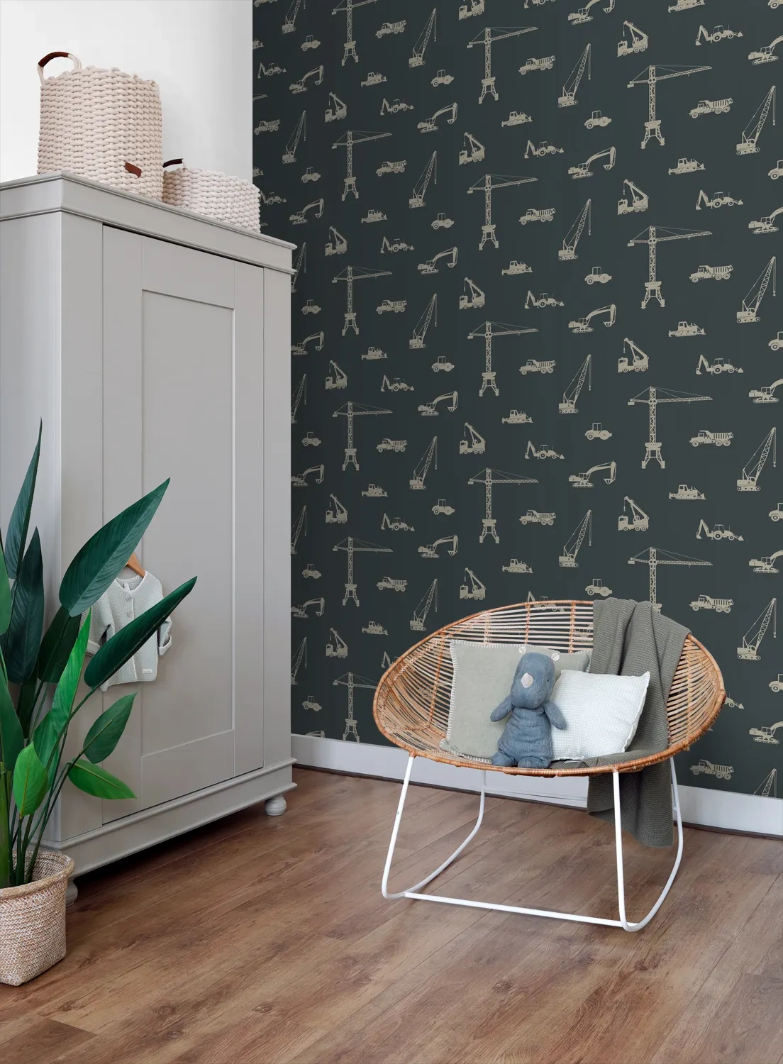 Gyerek dekor tapéta daru és teherautó mintás szürkés sötétkék színben