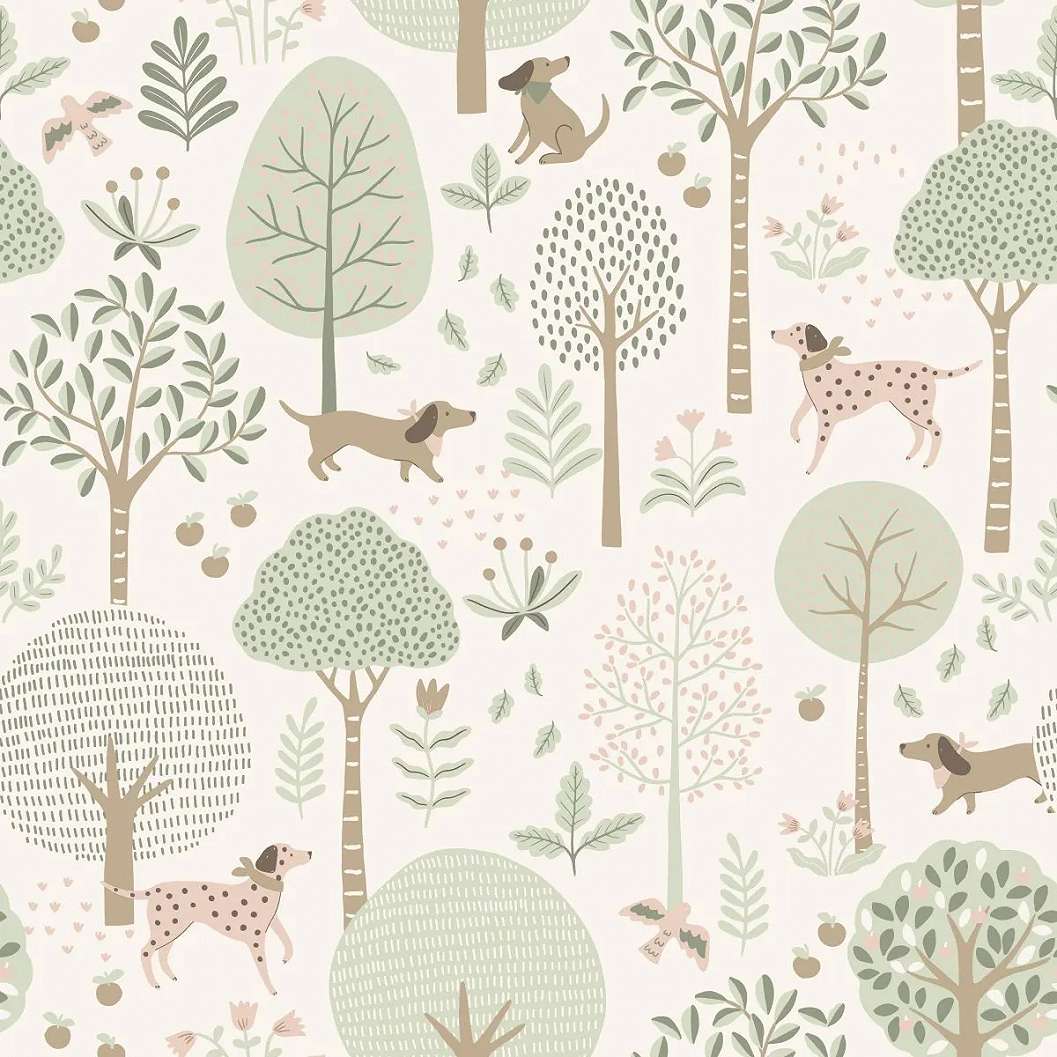 Gyerek dekor tapéta fa és kutya mintás krém színben