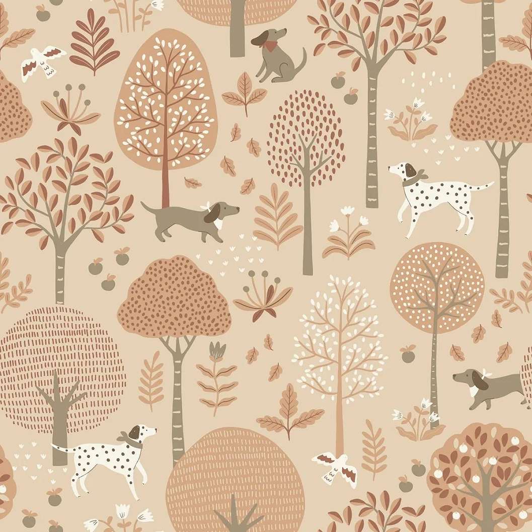 Gyerek dekor tapéta fa és kutya mintás terrakotta színben