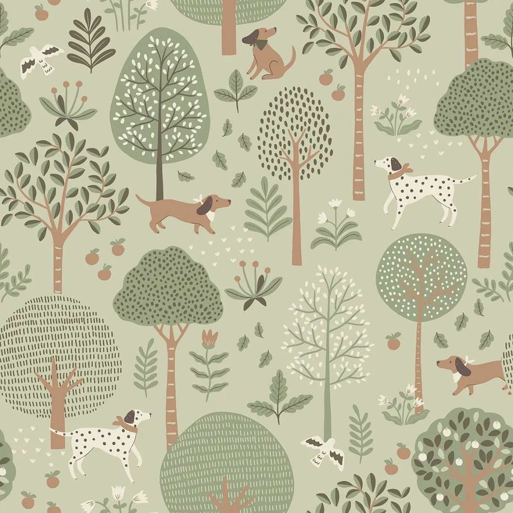 Gyerek dekor tapéta fa és kutya mintás zöld színben