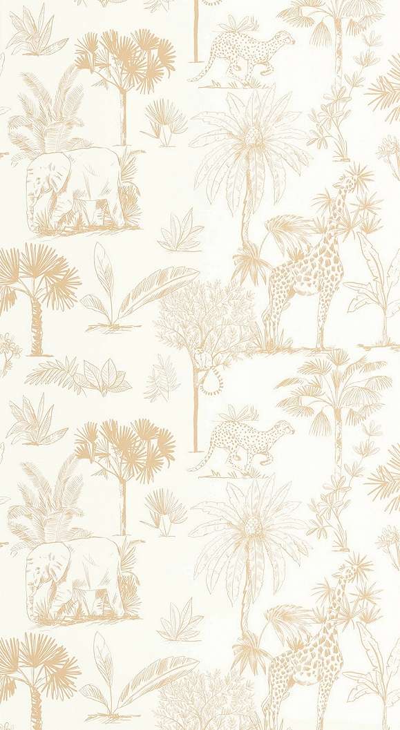 Gyerek dekor tapéta fehér, arany trópusi botanika és állat mintával