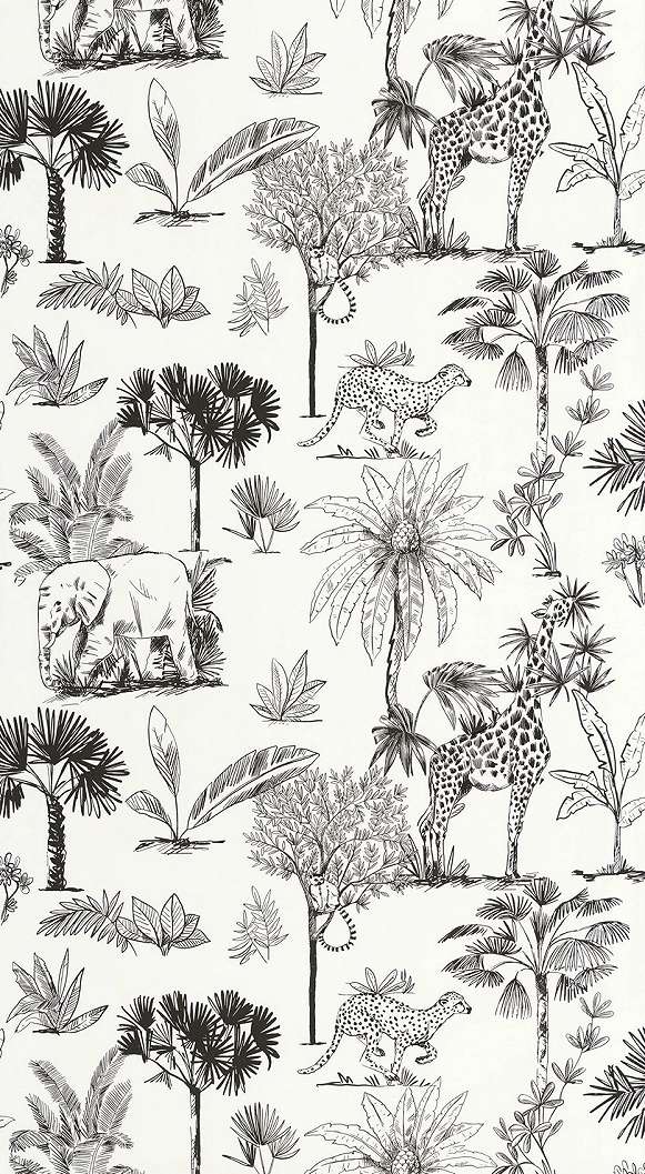Gyerek dekor tapéta fekete fehér trópusi botanika és állat mintával