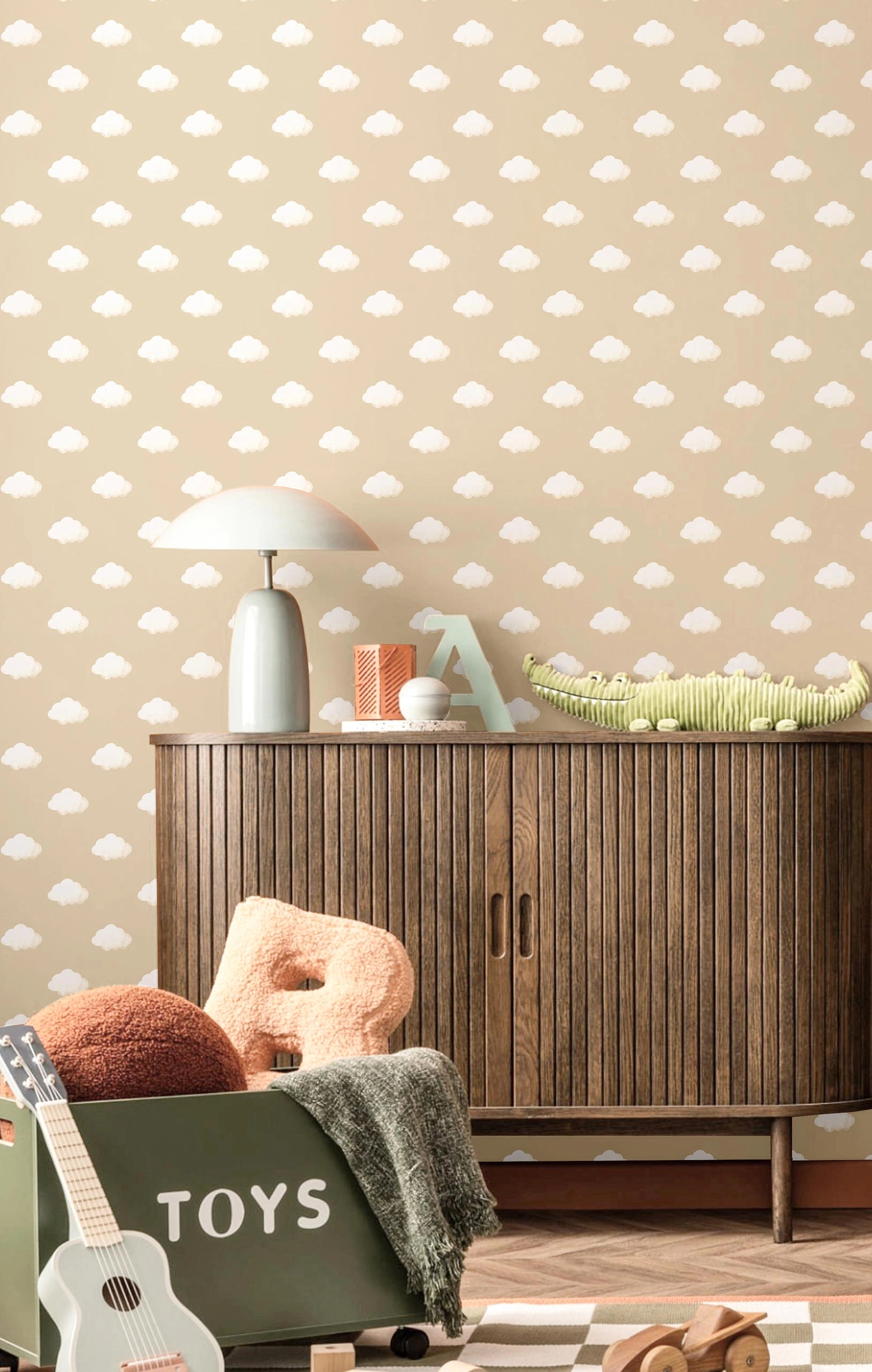 Gyerek dekor tapéta felhő mintával barna színben