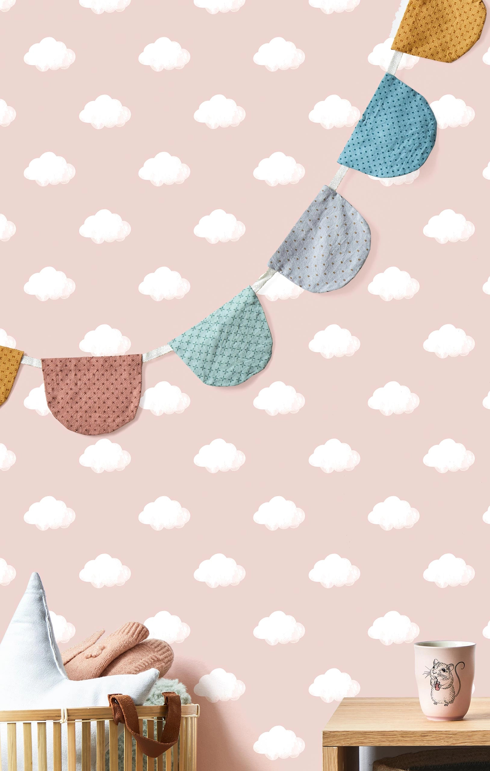Gyerek dekor tapéta felhő mintával rózsaszín színben