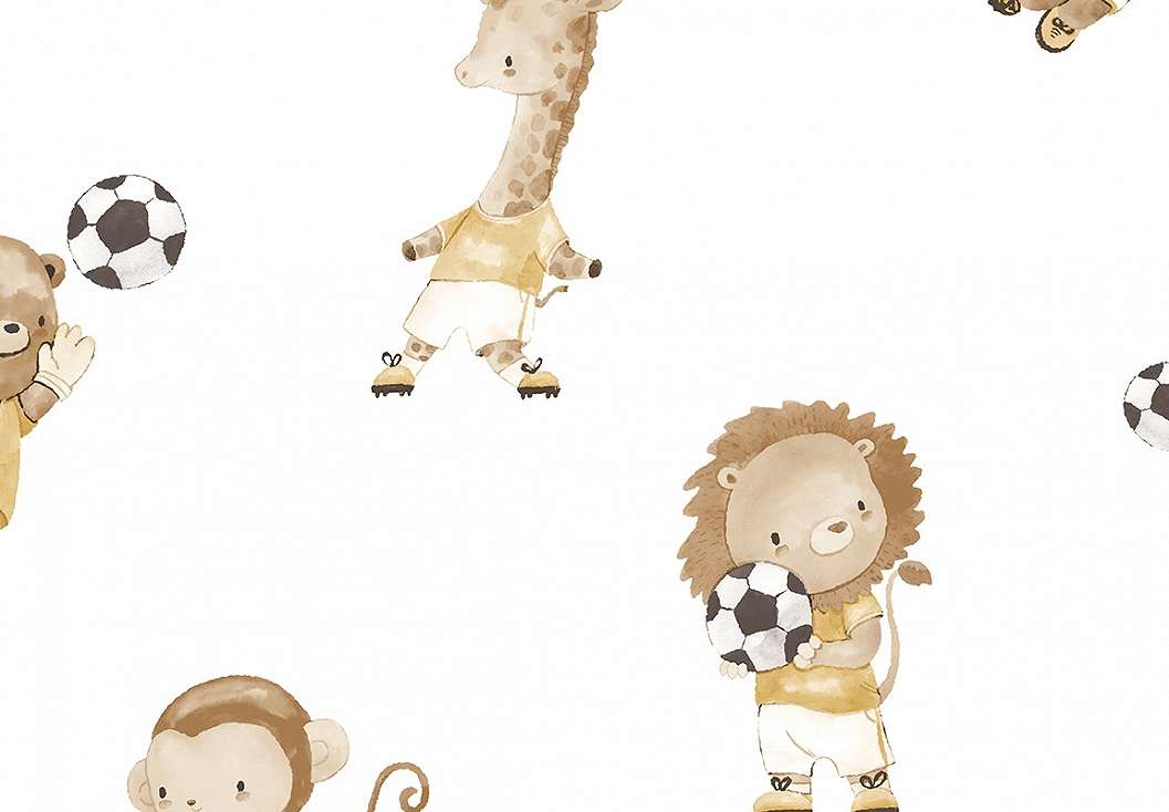 Gyerek dekor tapéta focizó zsiráf és oroszlán mintával beige színben