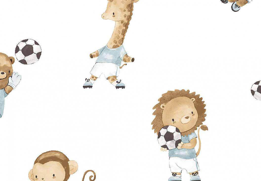 Gyerek dekor tapéta focizó zsiráf és oroszlán mintával kék színben