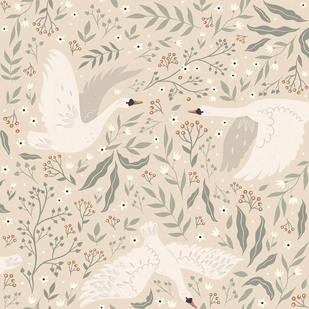 Gyerek dekor tapéta hattyú mintás beige színben