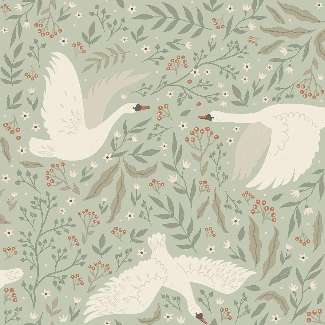 Gyerek dekor tapéta hattyú mintás mentazöld színben