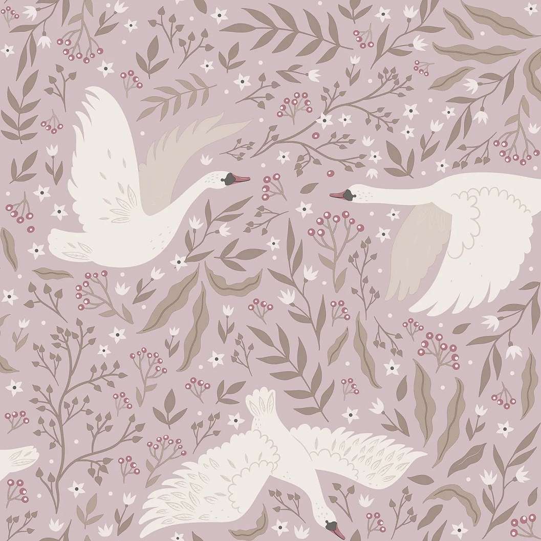 Gyerek dekor tapéta hattyú mintás pasztel lila és beige színben