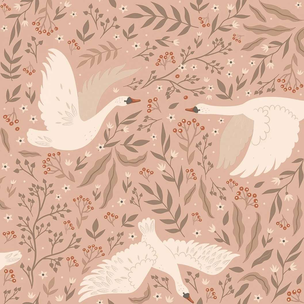 Gyerek dekor tapéta hattyú mintás pasztel terrakotta és pink színben