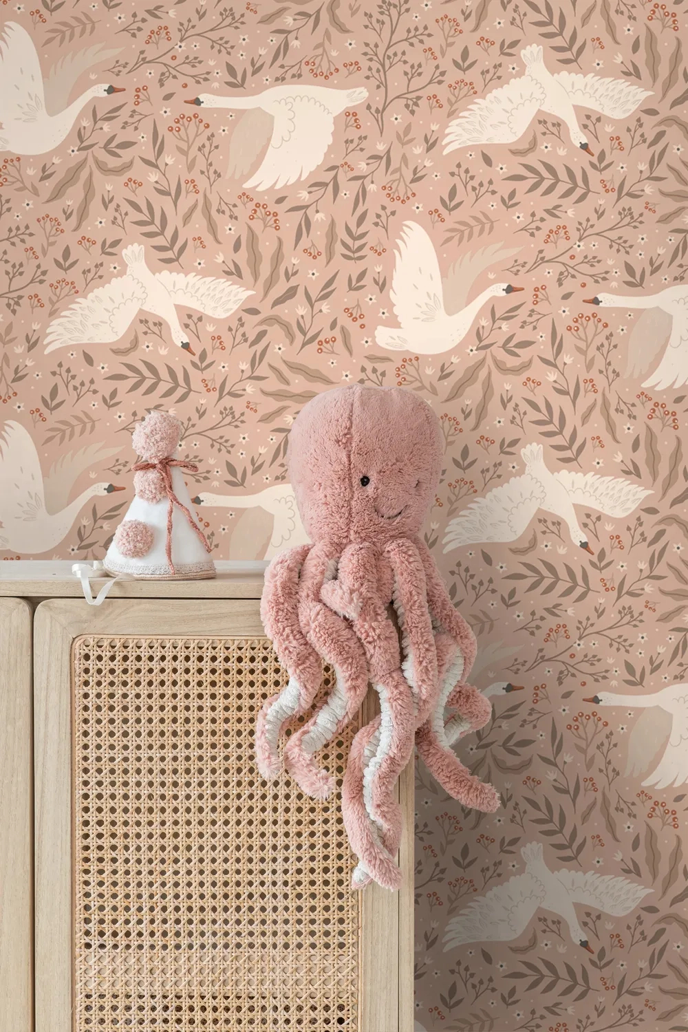 Gyerek dekor tapéta hattyú mintás pasztel terrakotta és pink színben