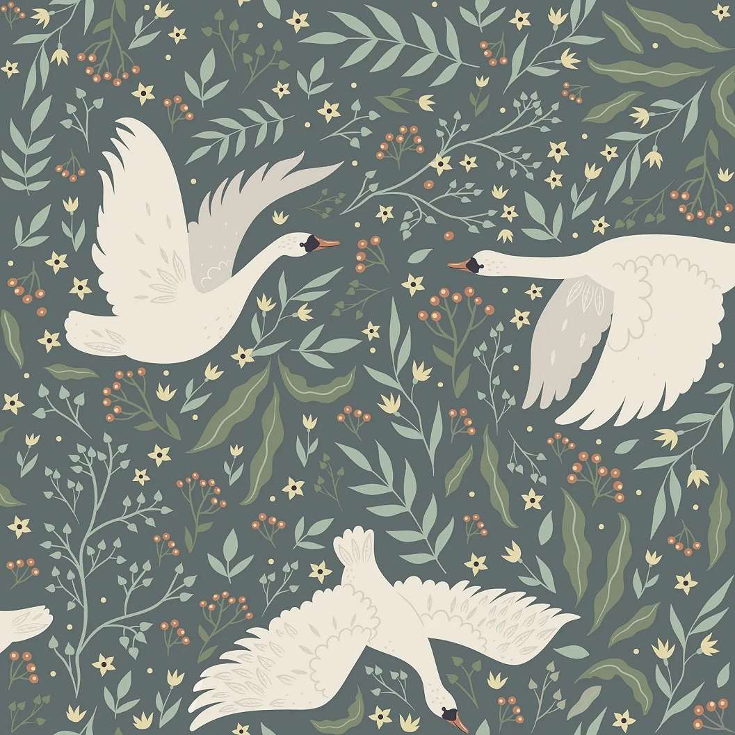 Gyerek dekor tapéta hattyú mintás zöldes vintage kék színben