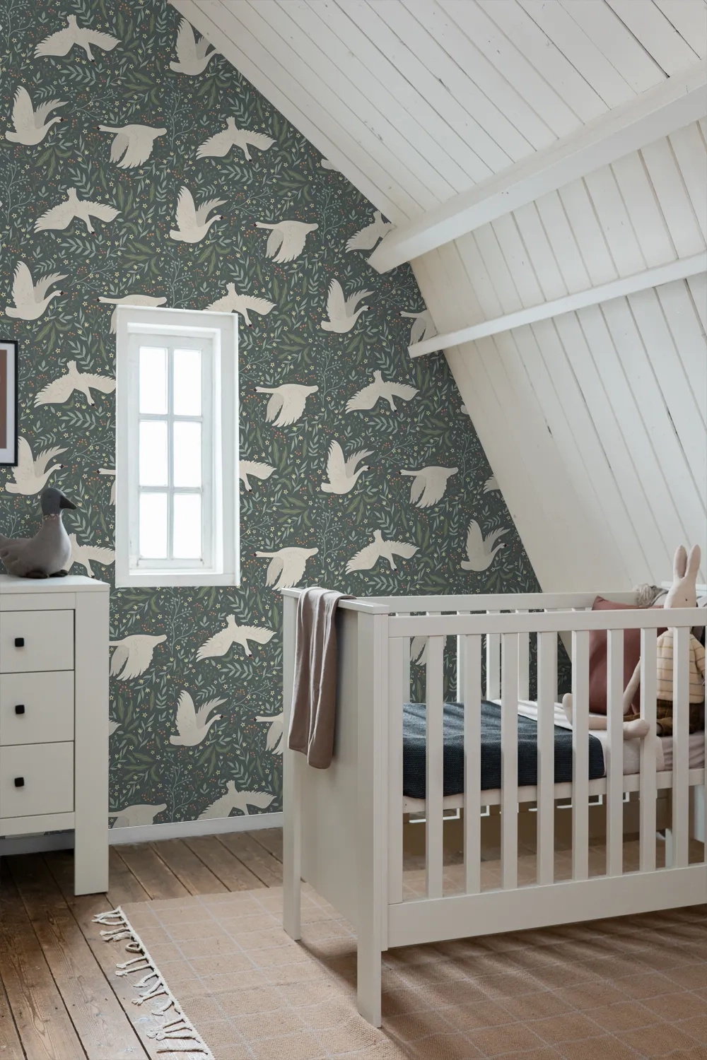 Gyerek dekor tapéta hattyú mintás zöldes vintage kék színben