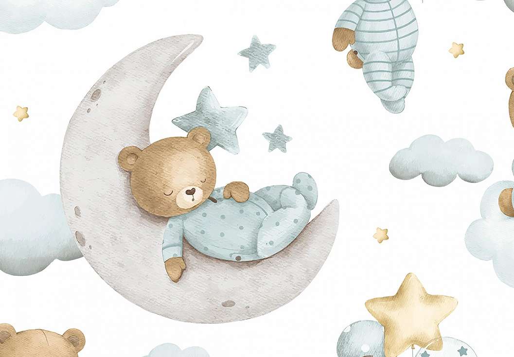 Gyerek dekor tapéta holdon pihenő mackó mintával kék színben