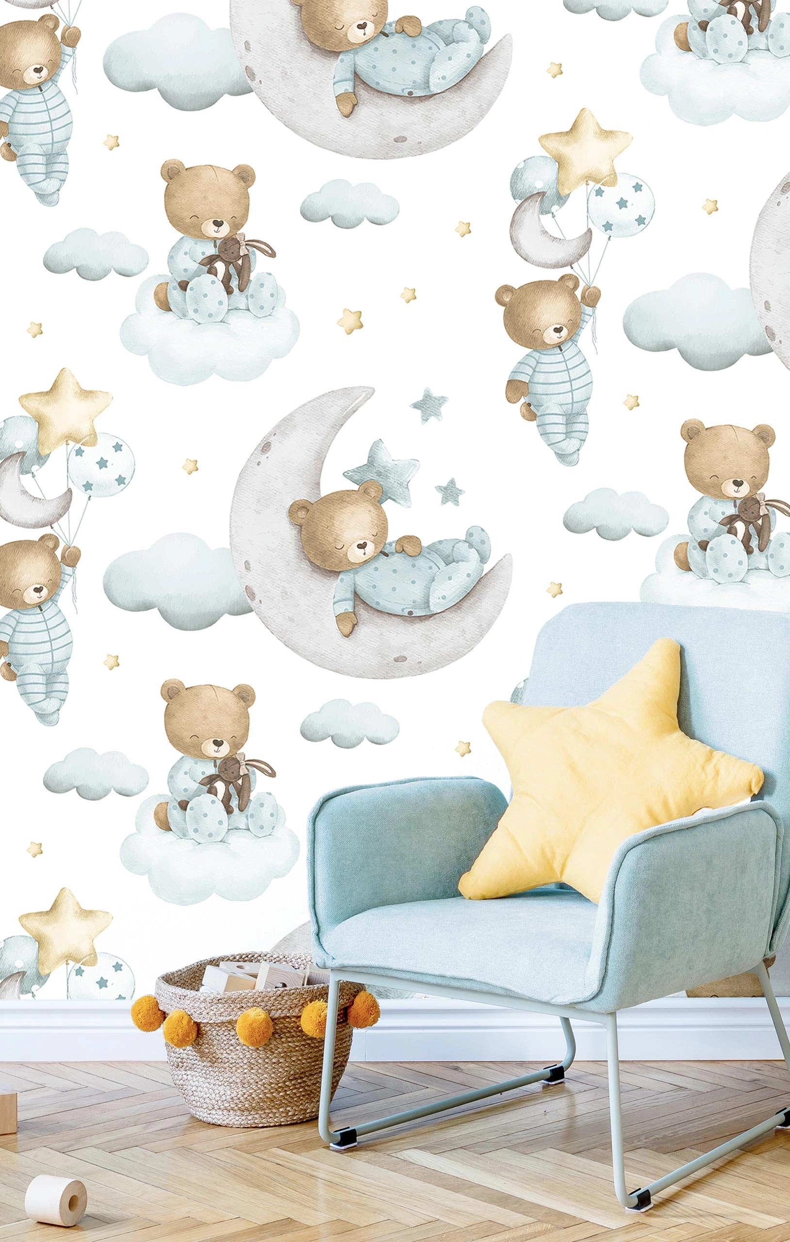 Gyerek dekor tapéta holdon pihenő mackó mintával kék színben