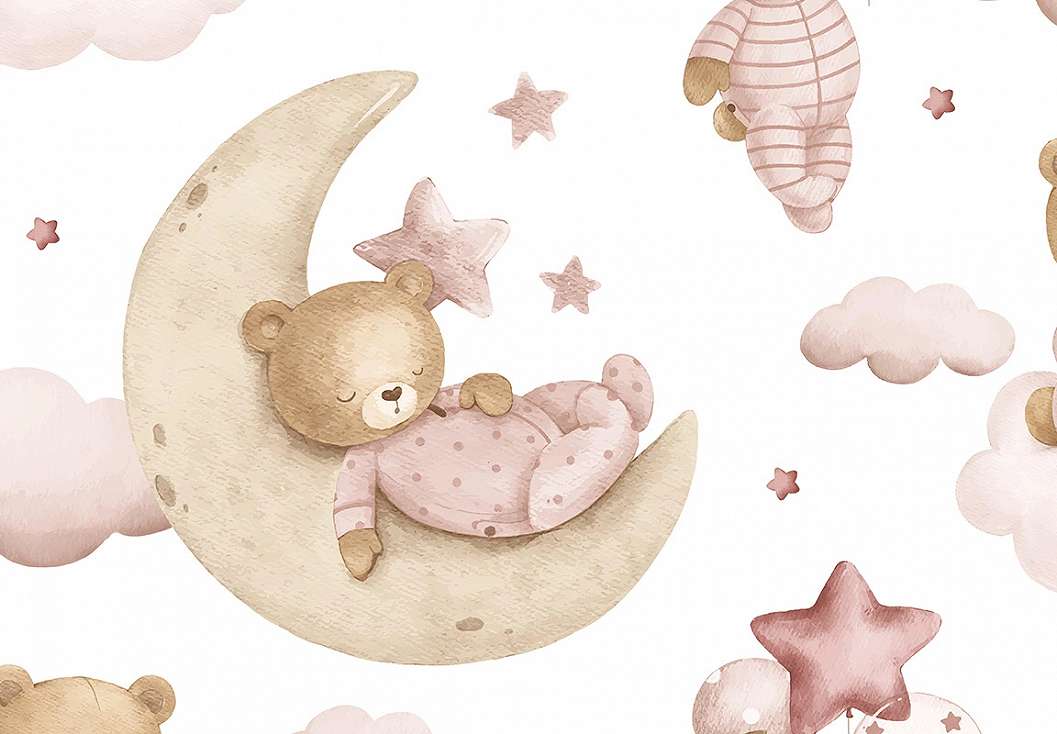 Gyerek dekor tapéta holdon pihenő mackó mintával rózsaszín színben