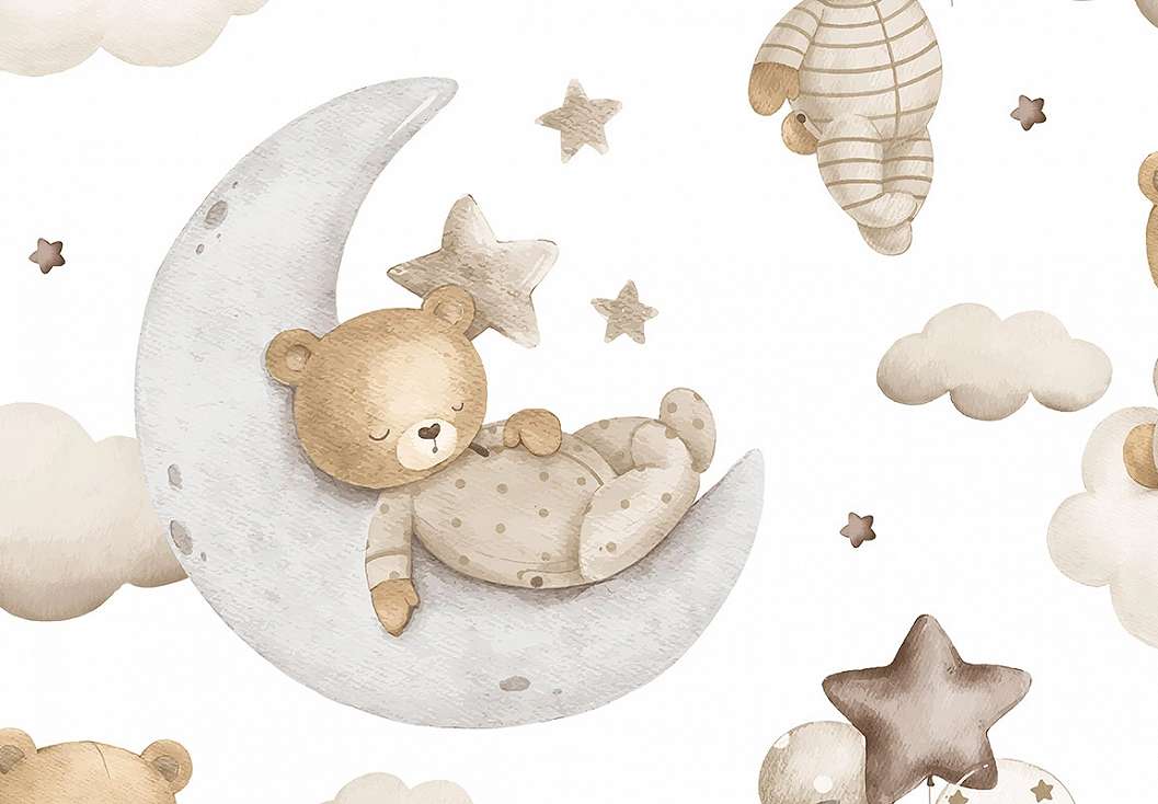 Gyerek dekor tapéta holdon pihenő mackó mintával szürke színben
