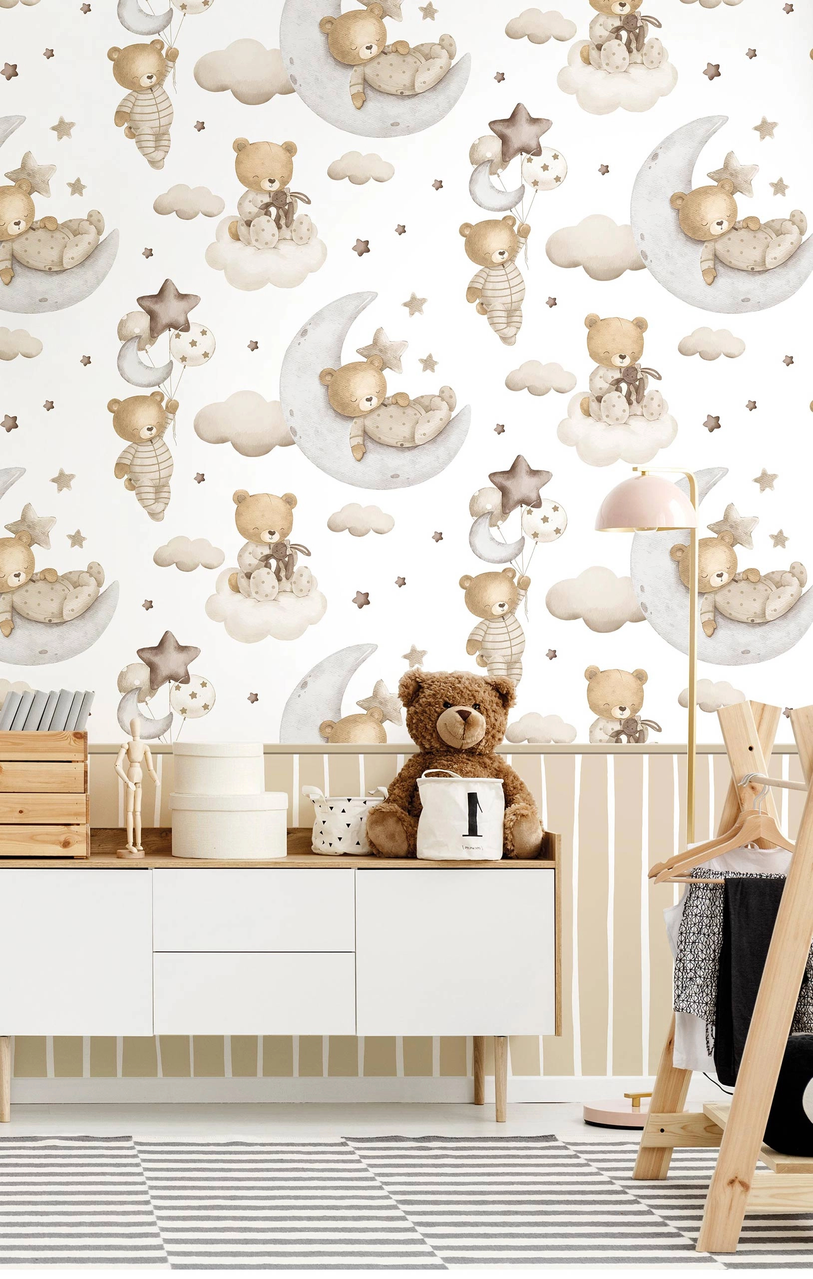 Gyerek dekor tapéta holdon pihenő mackó mintával szürke színben