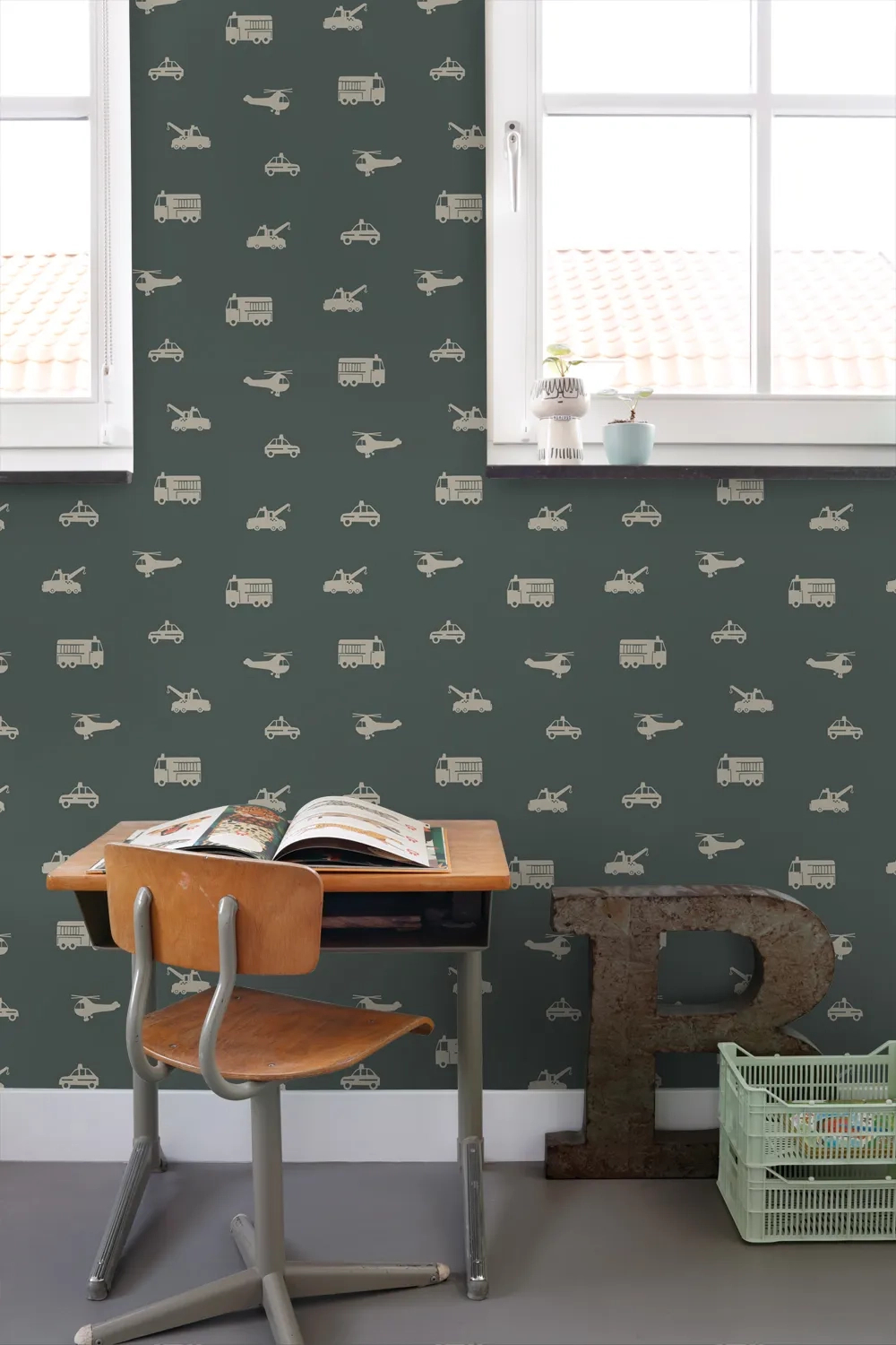 Gyerek dekor tapéta jármű mintás sötétzöld színben