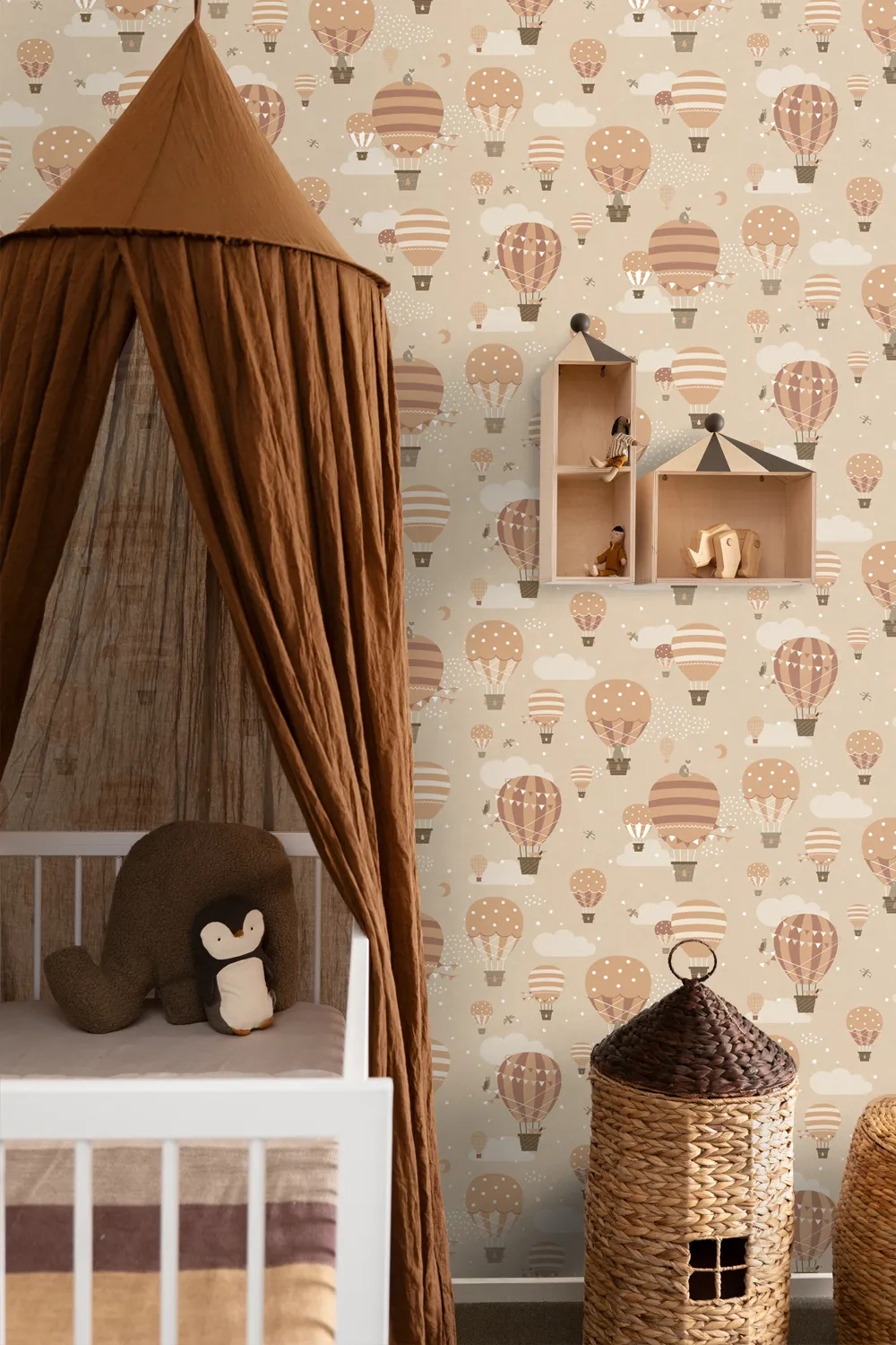 Gyerek dekor tapéta léghajó mintás terrakotta színben