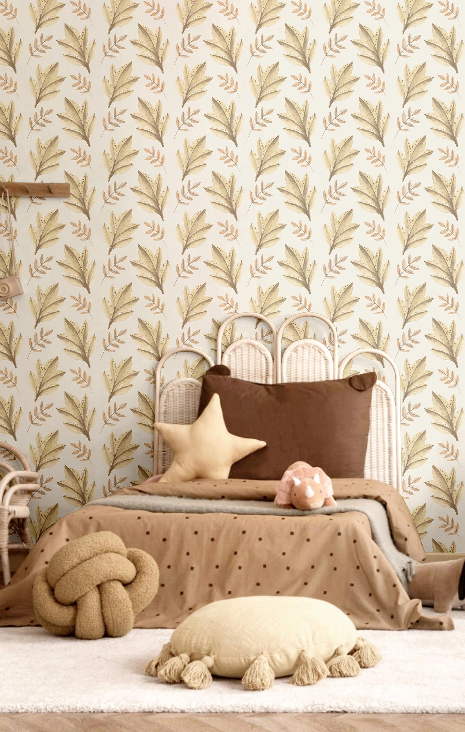 Gyerek dekor tapéta levél mintával kék és beige színben