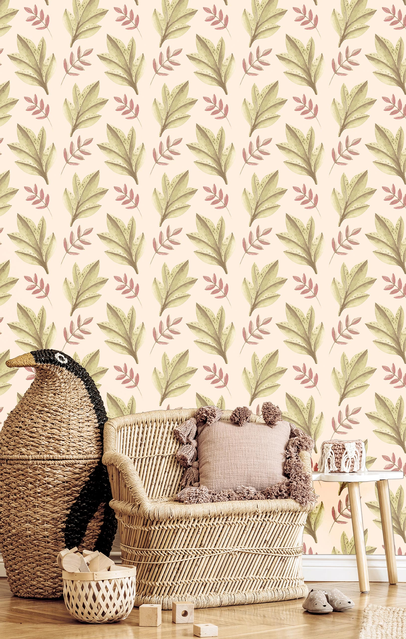 Gyerek dekor tapéta levél mintával rózsaszín és beige színben