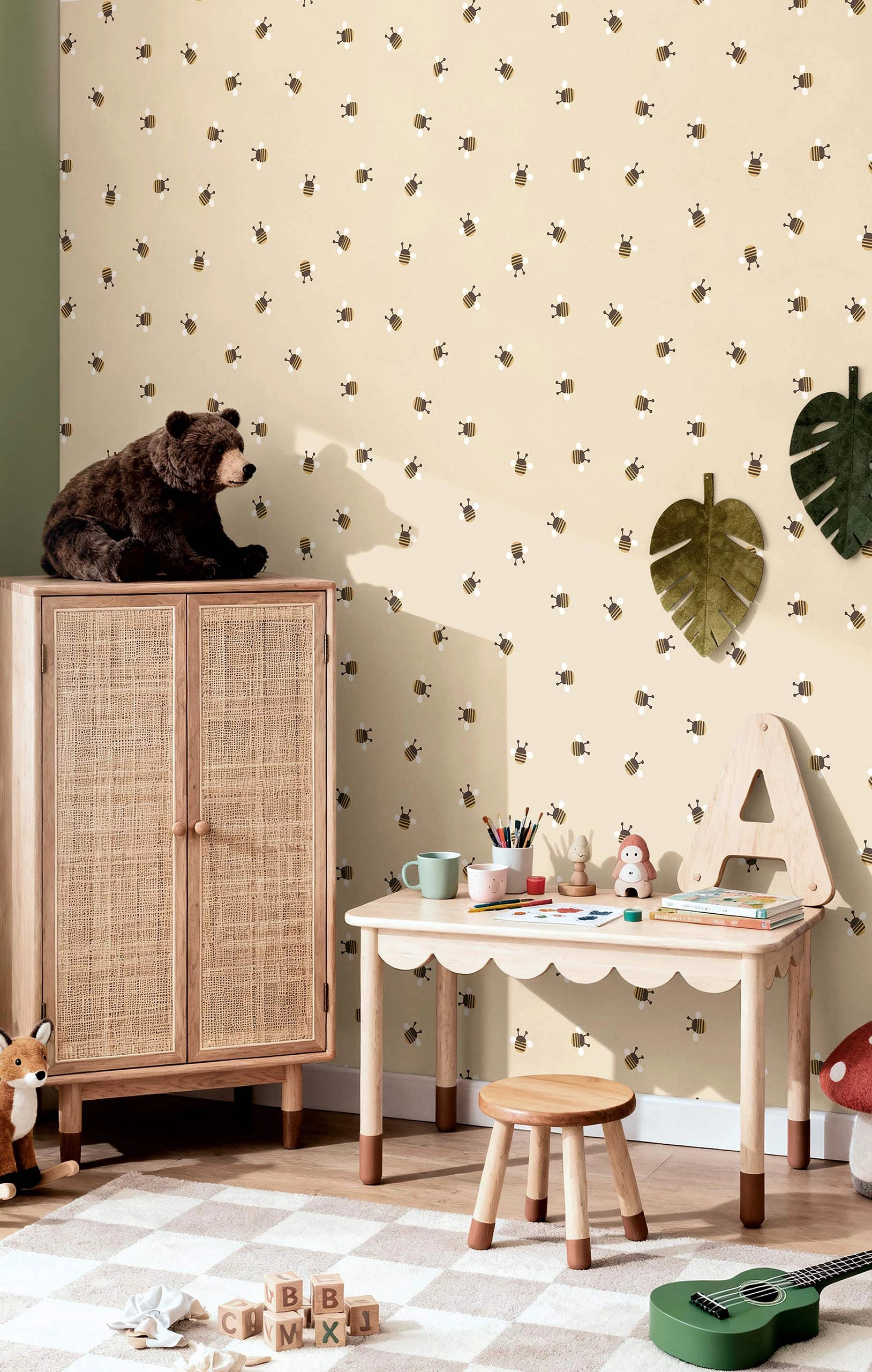 Gyerek dekor tapéta méhecske mintával beige színben