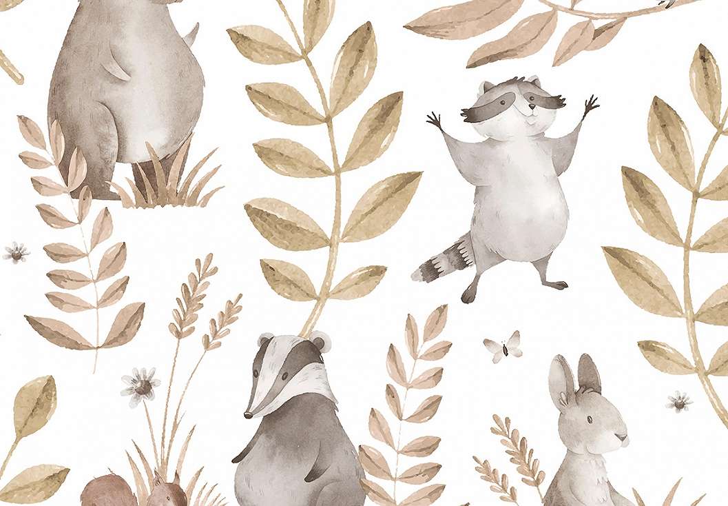 Gyerek dekor tapéta mosómedve és borz mintával barna színben