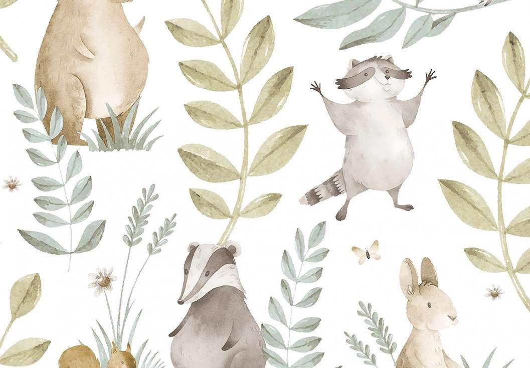 Gyerek dekor tapéta mosómedve és borz mintával kék és zöld színben