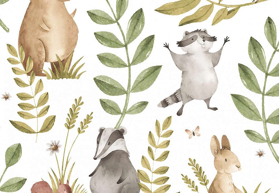 Gyerek dekor tapéta mosómedve és borz mintával zöld színben