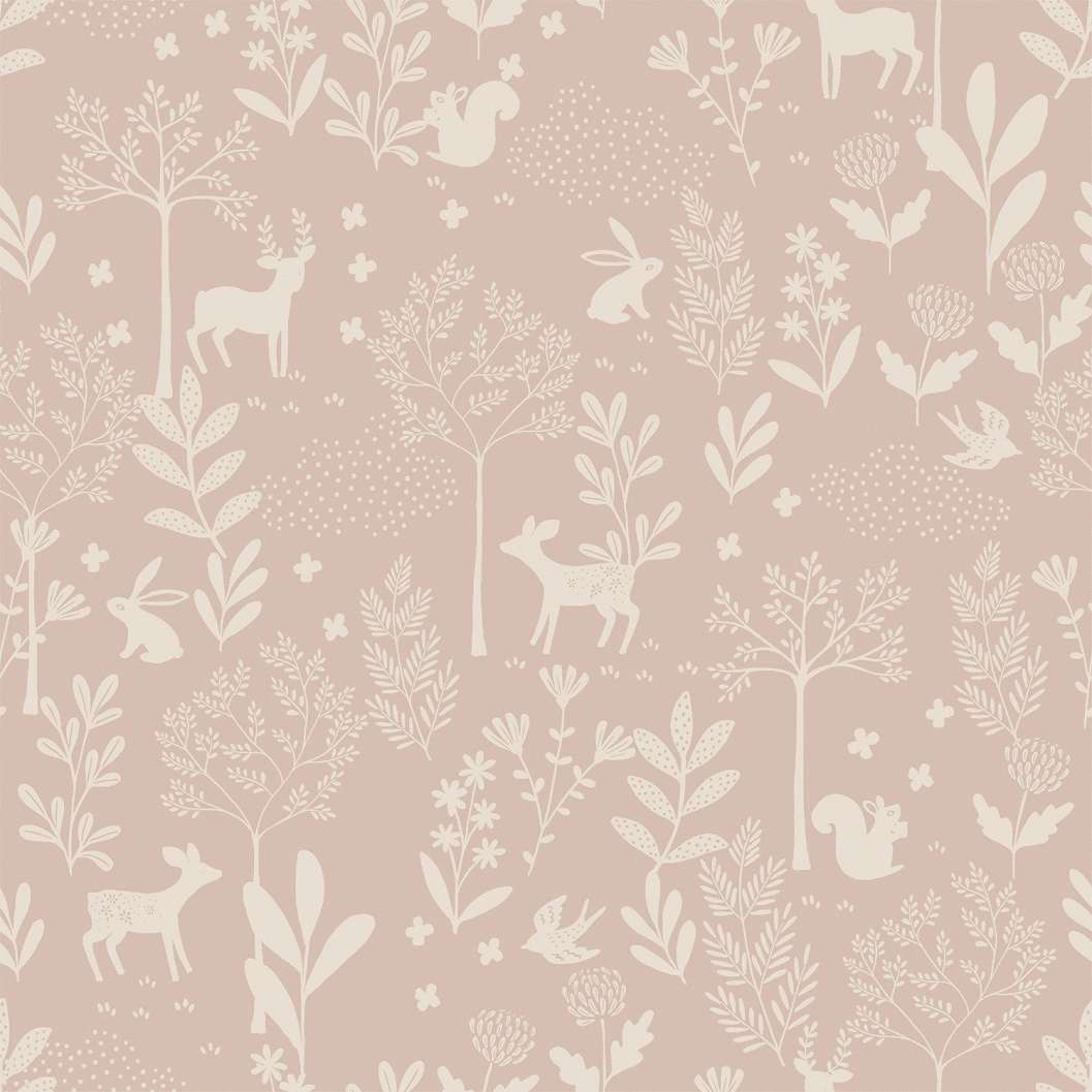 Gyerek dekor tapéta őz és mókus sziluett mintás rózaszín és barack színben