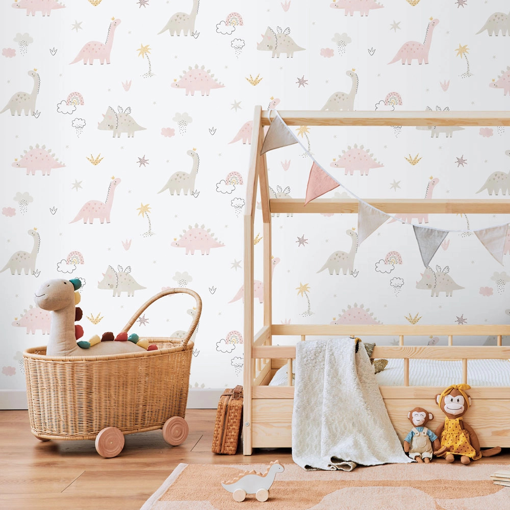 Gyerek dekor tapéta rózsaszín és szürke színben dinós mintával
