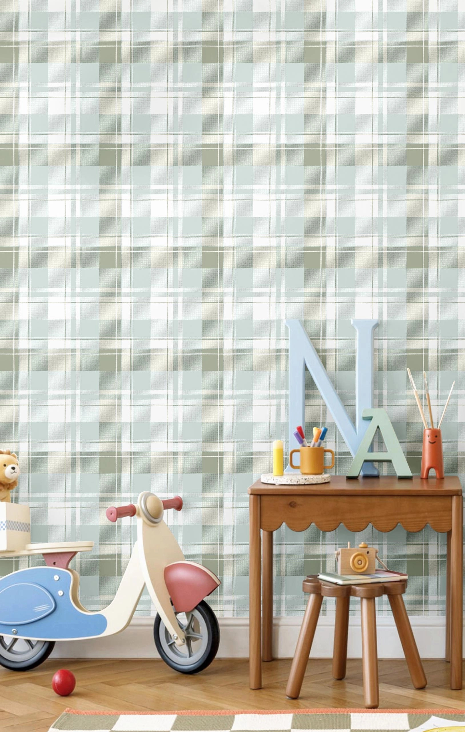 Gyerek dekor tapéta skótkockás mintával kék színben