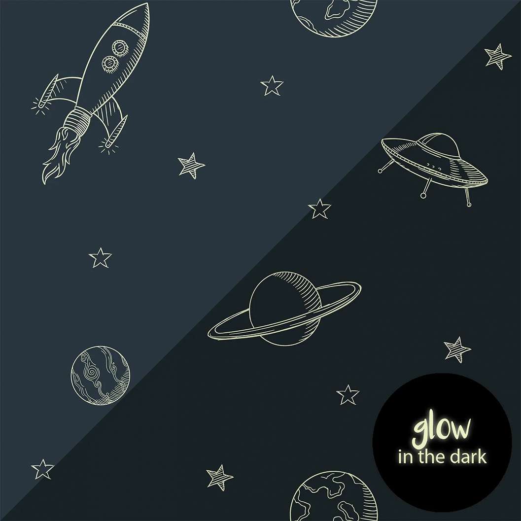 Gyerek dekor tapéta sötétben foszforeszkáló rakéta és bolygó mintás sötétkék színben
